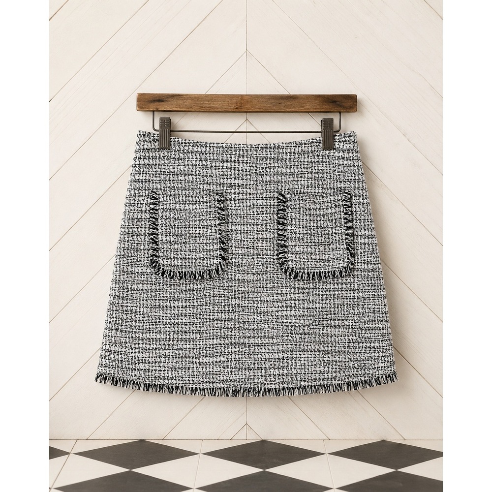 LOFT Tweed Mini Skirt Fringe Trim Black White Textured Boucle Size L NWOT
